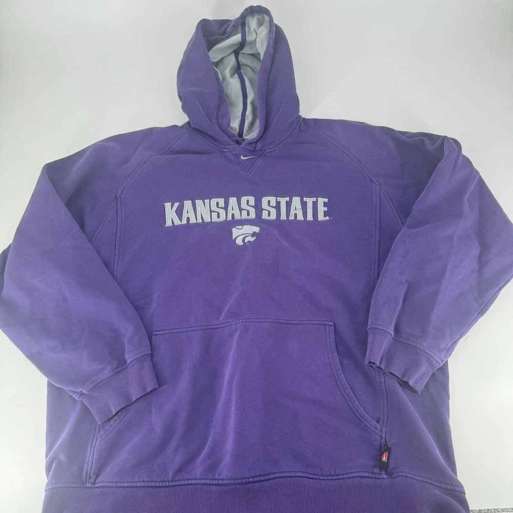 VTG Nike Team Kansas State Wildcats Hoodie Mens XL Purple Center Swoosh Pullover